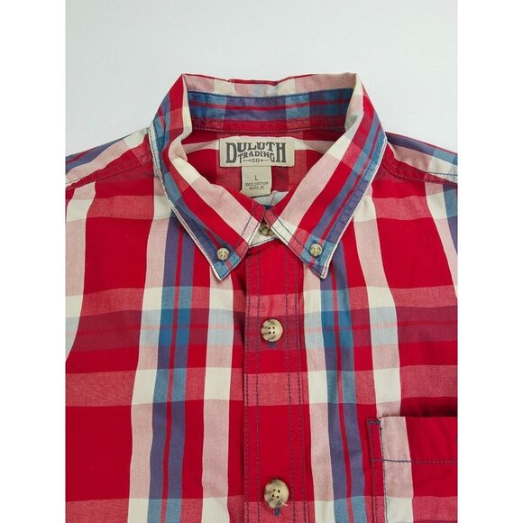 Duluth Size Large Men Red White Blue Check Short Sleeve Button Down Cotton Shirt - Picture 1 of 9